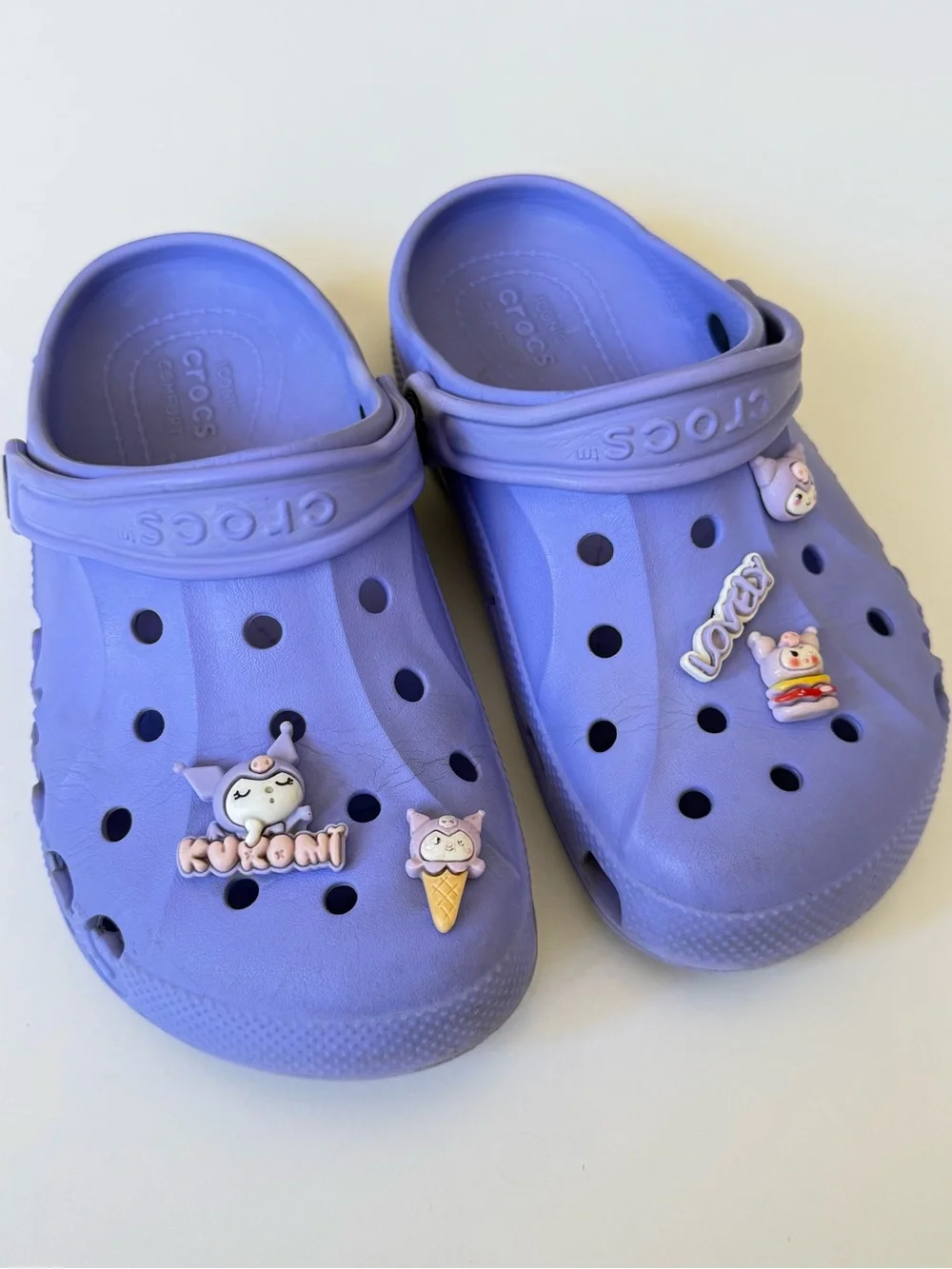 Crocs Girls Kids' Clogs size J3 Lavender Purple with Kuromi Jibbitz Charms